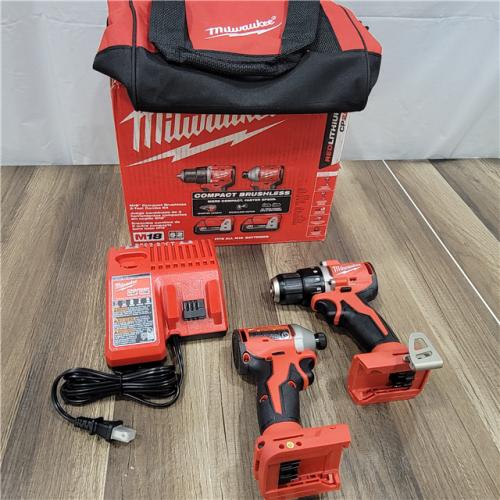 AS-IS Milwaukee M18 18V Lithium-Ion Brushless Cordless Compact Drill/Impact Combo Kit (2-Tool) W/(2) 2.0 Ah Batteries, Charger & Bag