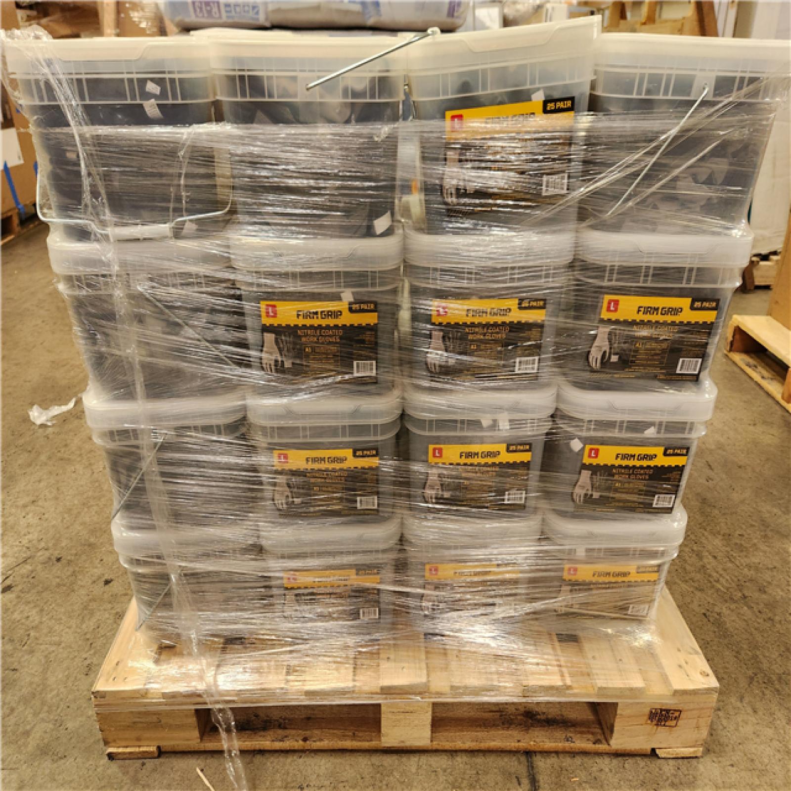 Phoenix Location NEW FIRM GRIP Large Nitrile Coated Work Gloves with Reusable Bucket (25-Pack) Pallet (68 Buckets)