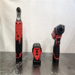 AS-IS- M12 12V Lithium-Ion Cordless Screwdriver  3/8 in. High Speed Ratchet  Light Combo Kit (3-Tool) W/ 2 Batteries & Charger