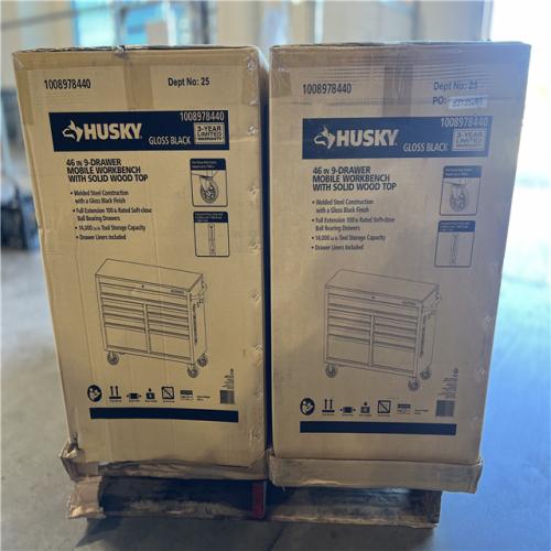 DALLAS LOCATION - Husky Tool Storage 46 in. W x 18 in. D 9-Drawer Mobile Workbench Cabinet in Gloss Black PALLET -(2 UNITS)