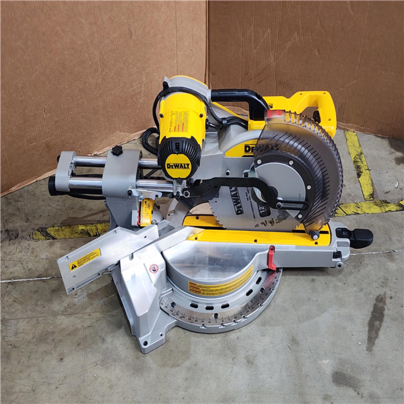 HOUSTON LOCATION - AS-IS DEWALT 15 Amp Corded 12 in. Double Bevel Sliding Compound Miter Saw with XPS Technology  Blade Wrench and Material Clamp