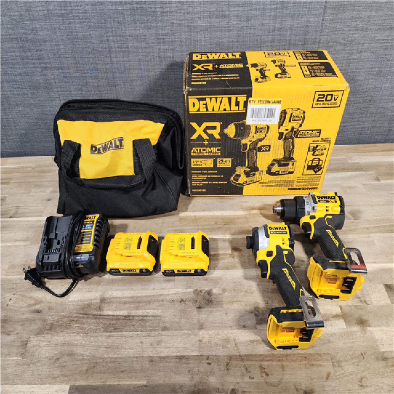 HOUSTON LOCATION - AS-IS DEWALT 20V MAX XR Cordless Drill/Driver, ATOMIC Impact Driver 2 Tool Combo Kit, (2) 2.0Ah Batteries, Charger, and Bag