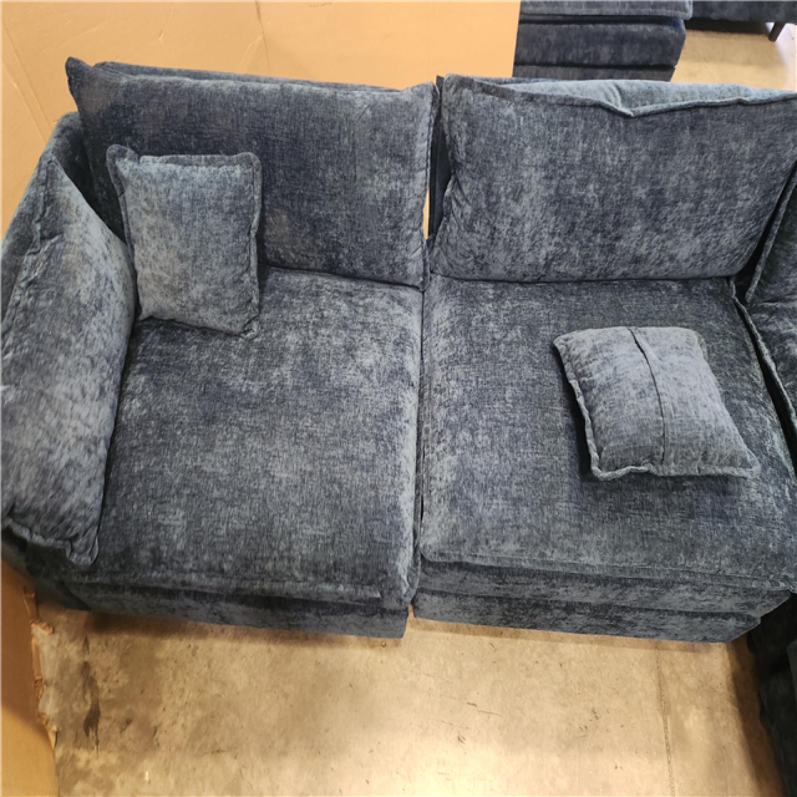 Phoenix AS-IS GOJANE 112.2 in. Square Arm L-Shaped Chenille Deluxe Pillow-Styled Modular Sectional Sofa in. Blue with 1 Ottoman