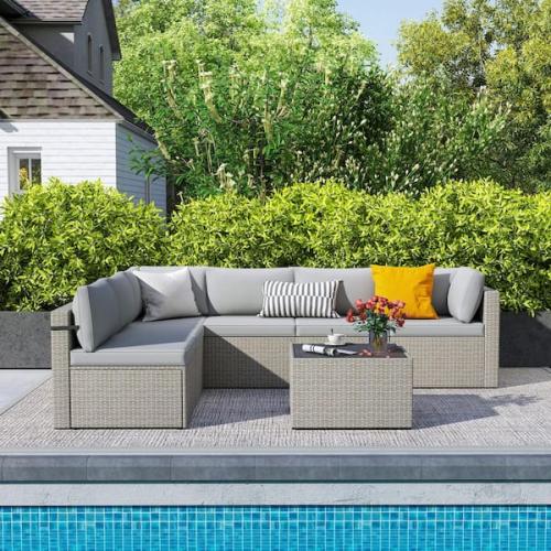Phoenix LIKE NEW PamaPic Gray 7-Piece Wicker Outdoor Sectional Set with Coffee Table and Gray Cushions