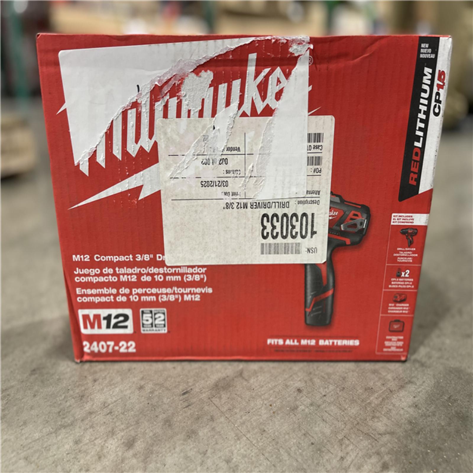 NEW! -Milwaukee M12 12V Lithium-Ion Cordless 3/8 in. Drill/Driver Kit with Two 1.5 Ah Batteries  Charger and Tool Bag