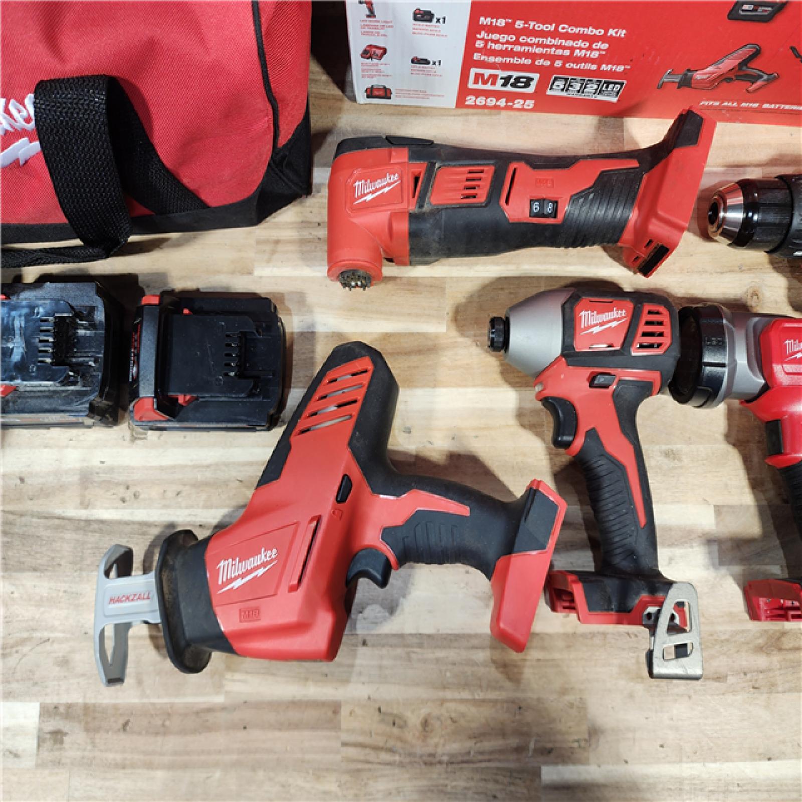 HOUSTON LOCATION - AS-IS M18 18V Lithium-Ion Cordless Combo Kit (5-Tool) with (2) Batteries  Charger and Tool Bag