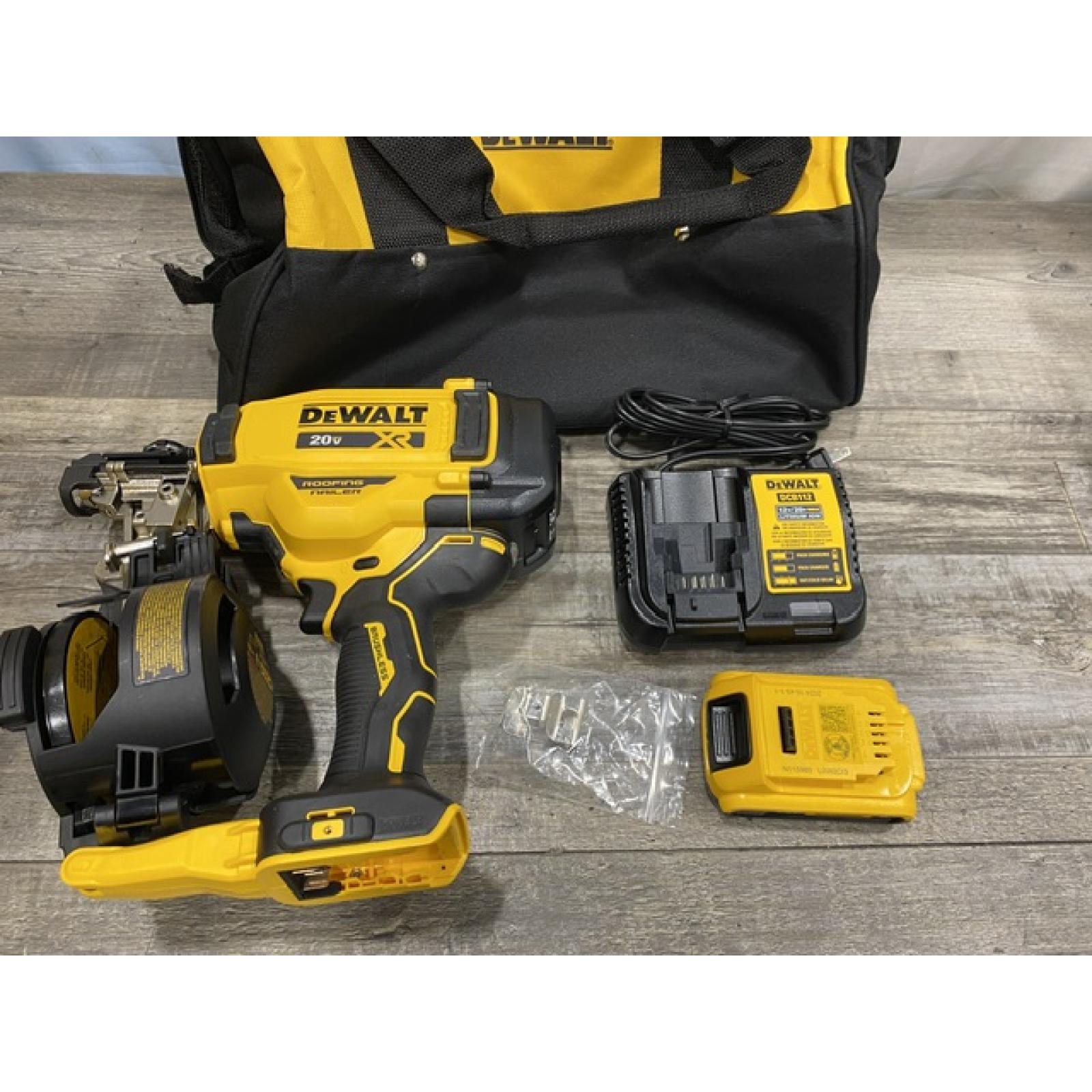 AS-IS DEWALT 20V MAX Lithium-Ion 15-Degree Electric Cordless Roofing Nailer Kit