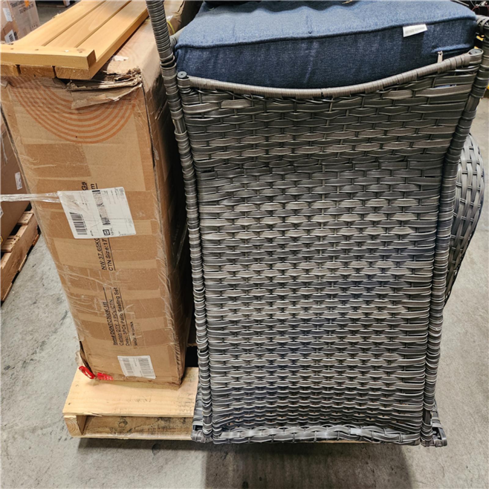 Phoenix OVIOS Joyoung Gray 9-Piece Wicker Patio Rectangle Fire Pit Conversation Set with Denim Blue Cushions and Swivel Chairs