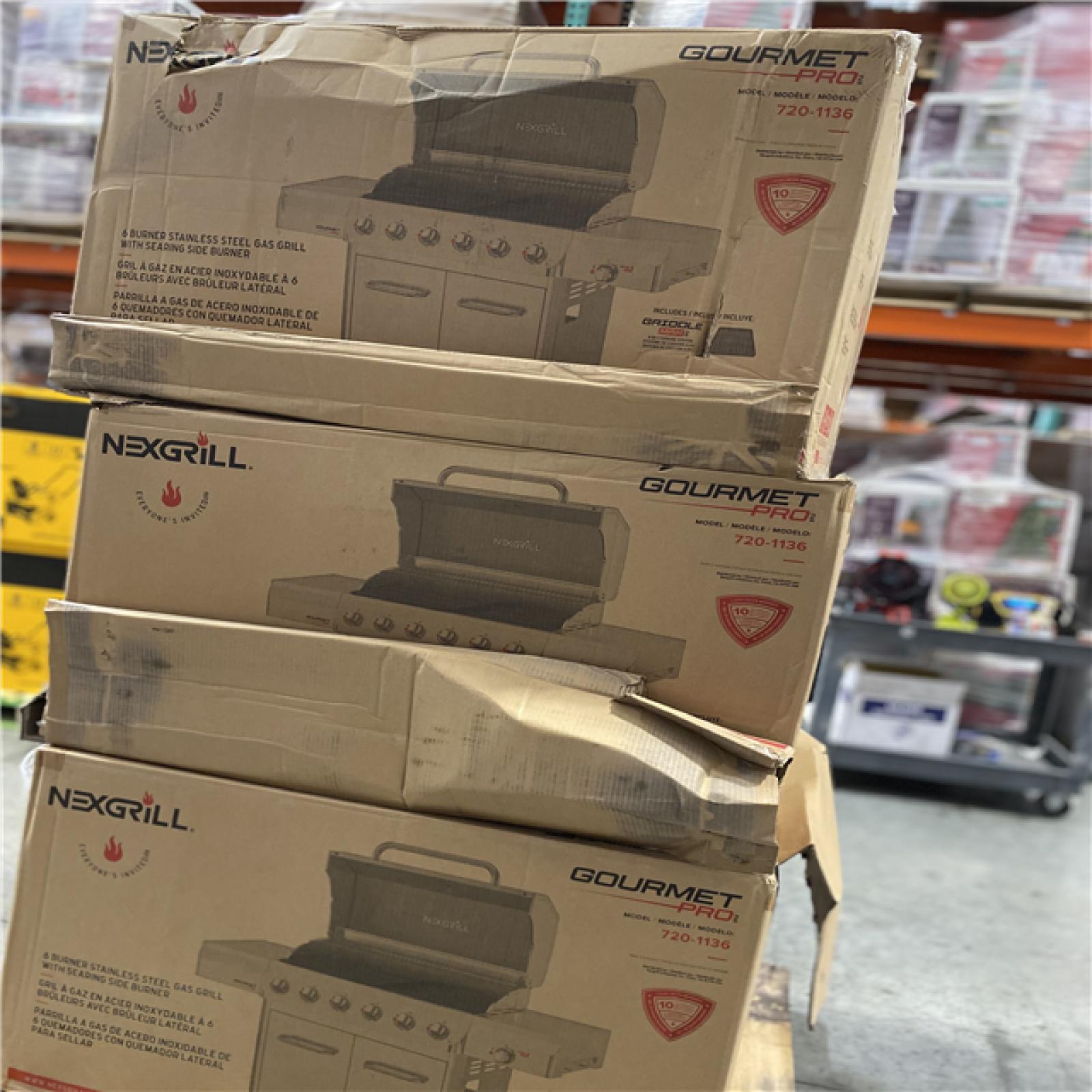 DALLAS LOCATION- NEW!- Nexgrill Gourmet Pro 6-Burner Stainless Steel Propane Gas Grill with Searing Side Burner and Griddle Max Insert PALLET (3 UNITS)