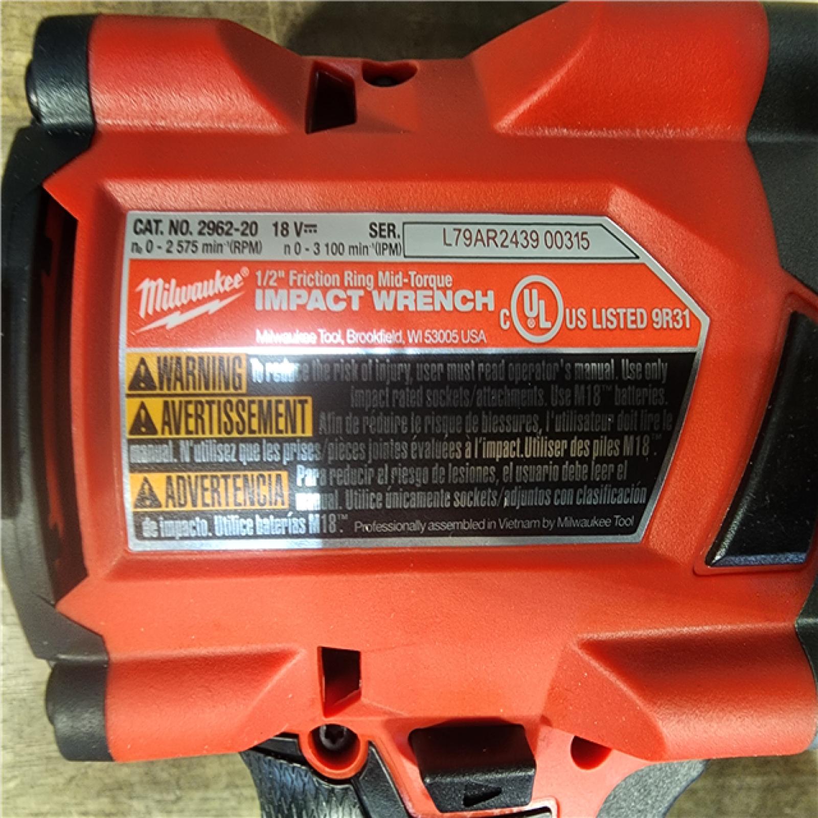 HOUSTON LOCATION - AS-IS Milwaukee M18 18V Fuel 1/2  Mid-Torque Impact Wrench Cordless Lithium-Ion Brushless with Friction Ring 2962-20