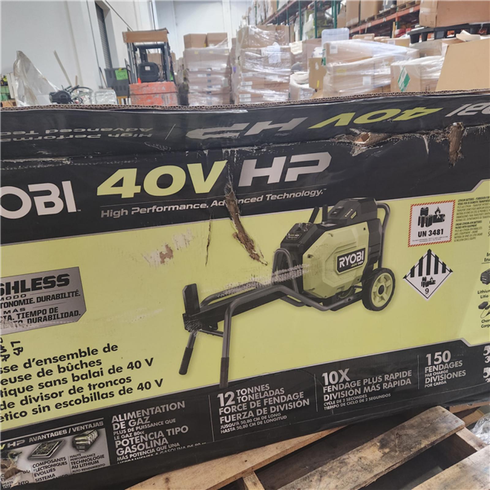 Dallas Location - As-Is RYOBI 40V HP Brushless 12-Ton Kinetic Battery Electric Log Splitter Kit - 4.0Ah Battery and Charger Included