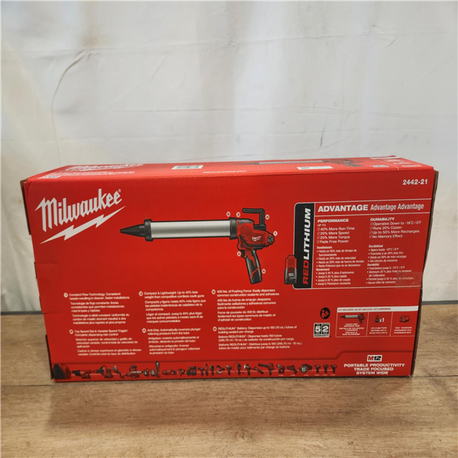 NEW- Milwaukee 12V Lithium-ion Cordless 20 oz. Aluminum Barrel Adhesive and Caulk Gun Kit