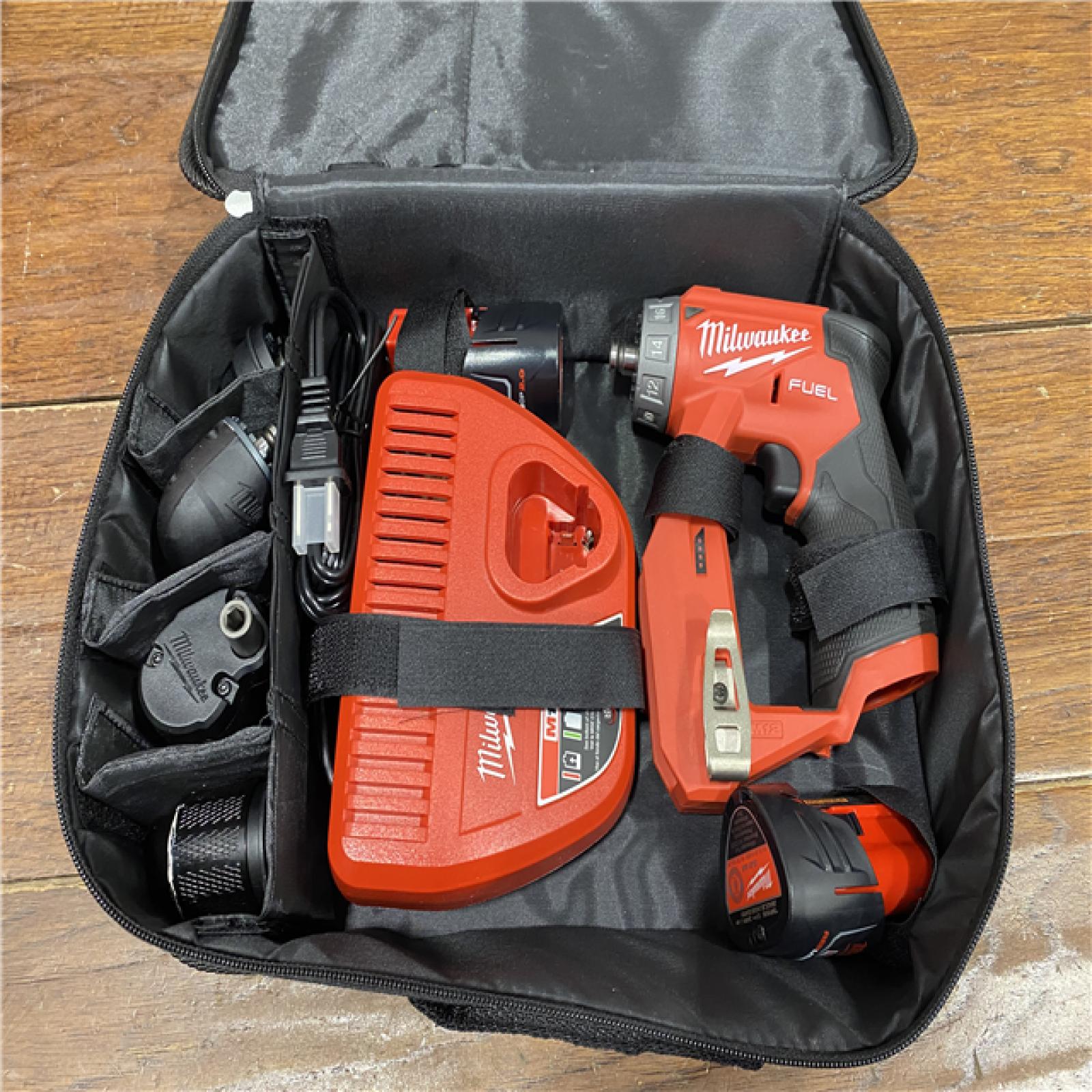 AS-IS Milwaukee M12 FUEL 12V Lithium-Ion Brushless Cordless 4-in-1 Installation 3/8 in. Drill Driver Kit with 4-Tool Heads