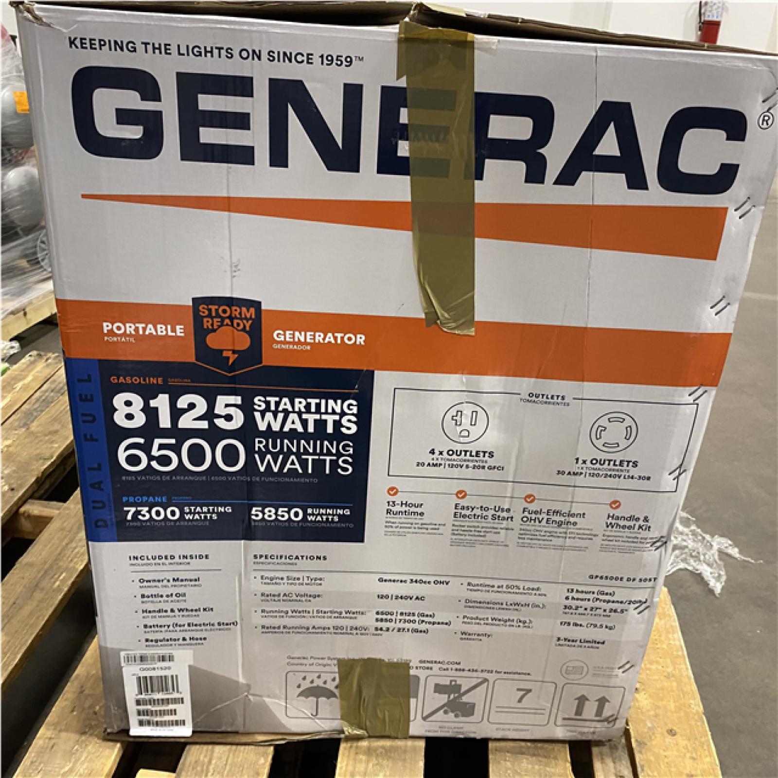 Dallas Location - As-Is Generac 8125/6500-Watt Electric Start Dual Fuel Portable