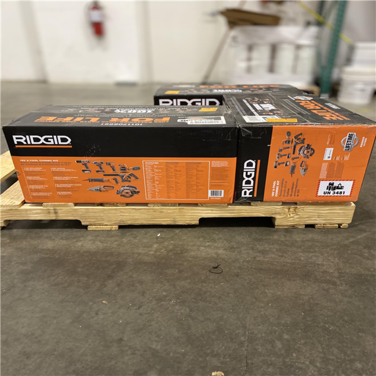 Dallas Location - NEW- 	RIDGID 18V Cordless 8-Tool Combo Kit with 2.0 Ah Battery  4.0 Ah Battery  Charger  and Tool Bag(Lot Of 3)