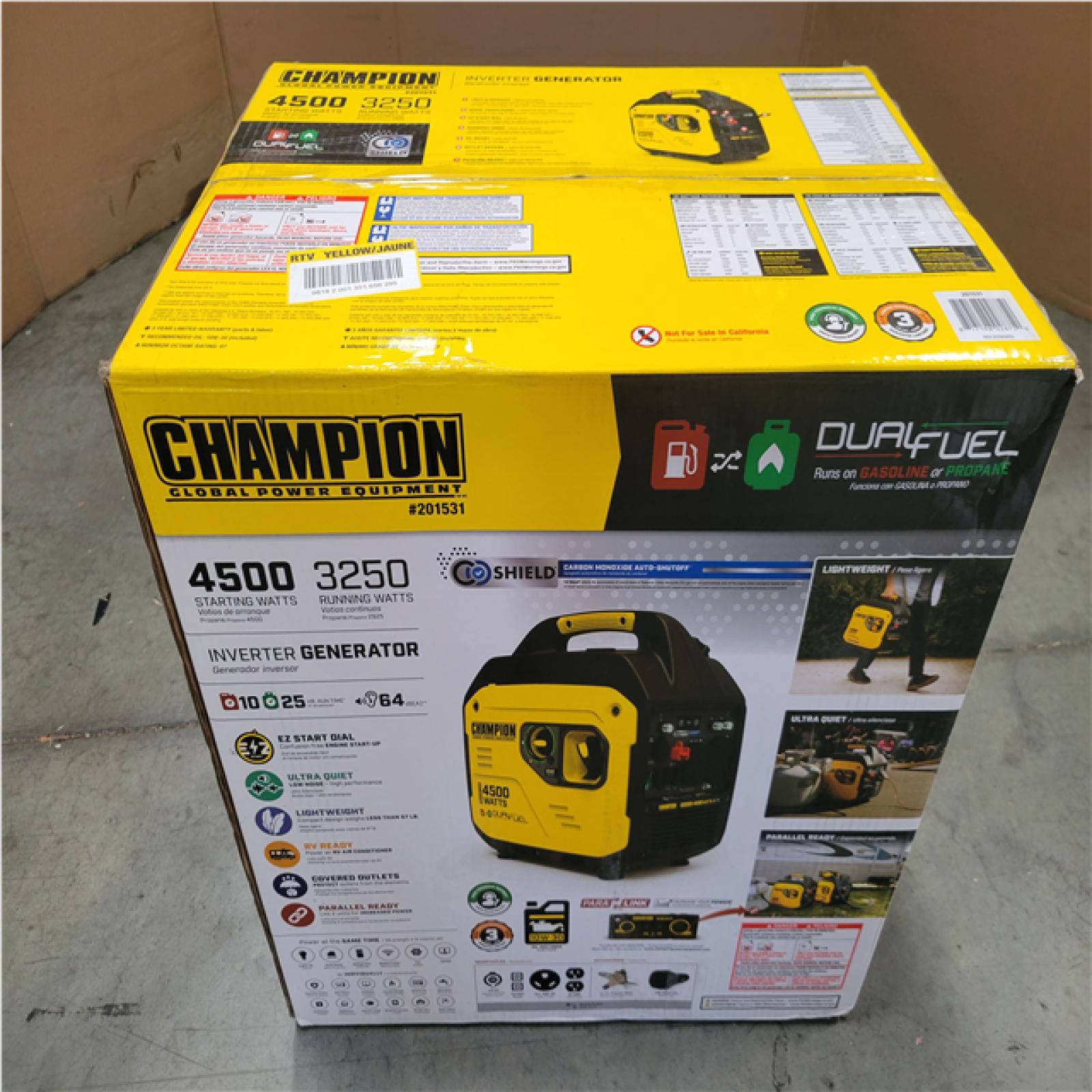CALIFORNIA AS-IS CHAMPION 4 500/3 250-WATT PORTABLE GENERATOR W/ CO SHEILD