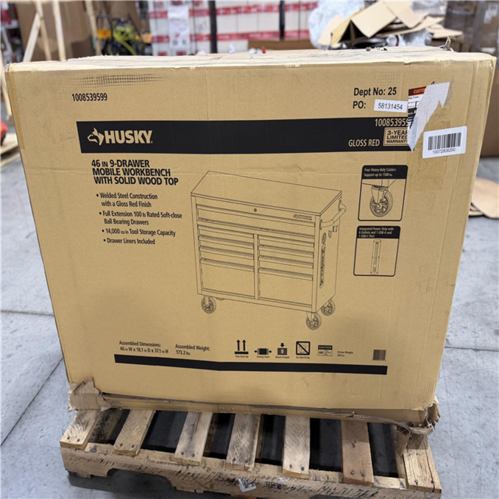 DALLAS LOCATION- HUSKY Tool Storage 46 in. W x 18 in. D 9-Drawer Gloss Red Mobile Workbench Cabinet