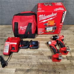 HOUSTON LOCATION - AS-IS Milwaukee M18 18V Lithium-Ion Brushless Cordless Compact Drill/Impact Combo Kit (2-Tool) W/(2) 2.0 Ah Batteries  Charger & Bag