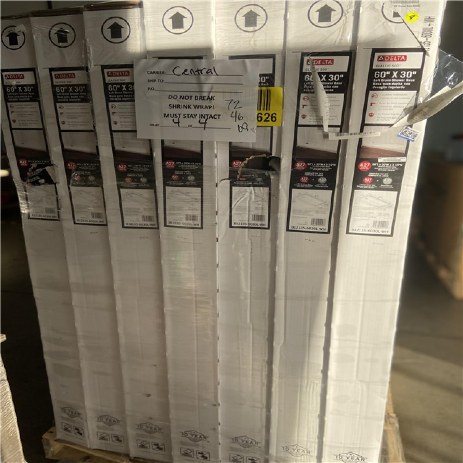 DALLAS LOCATION - Delta Classic 500 60 in. L x 30 in. W Alcove Shower Pan Base with Left Drain in High Gloss White - 14 UNITS