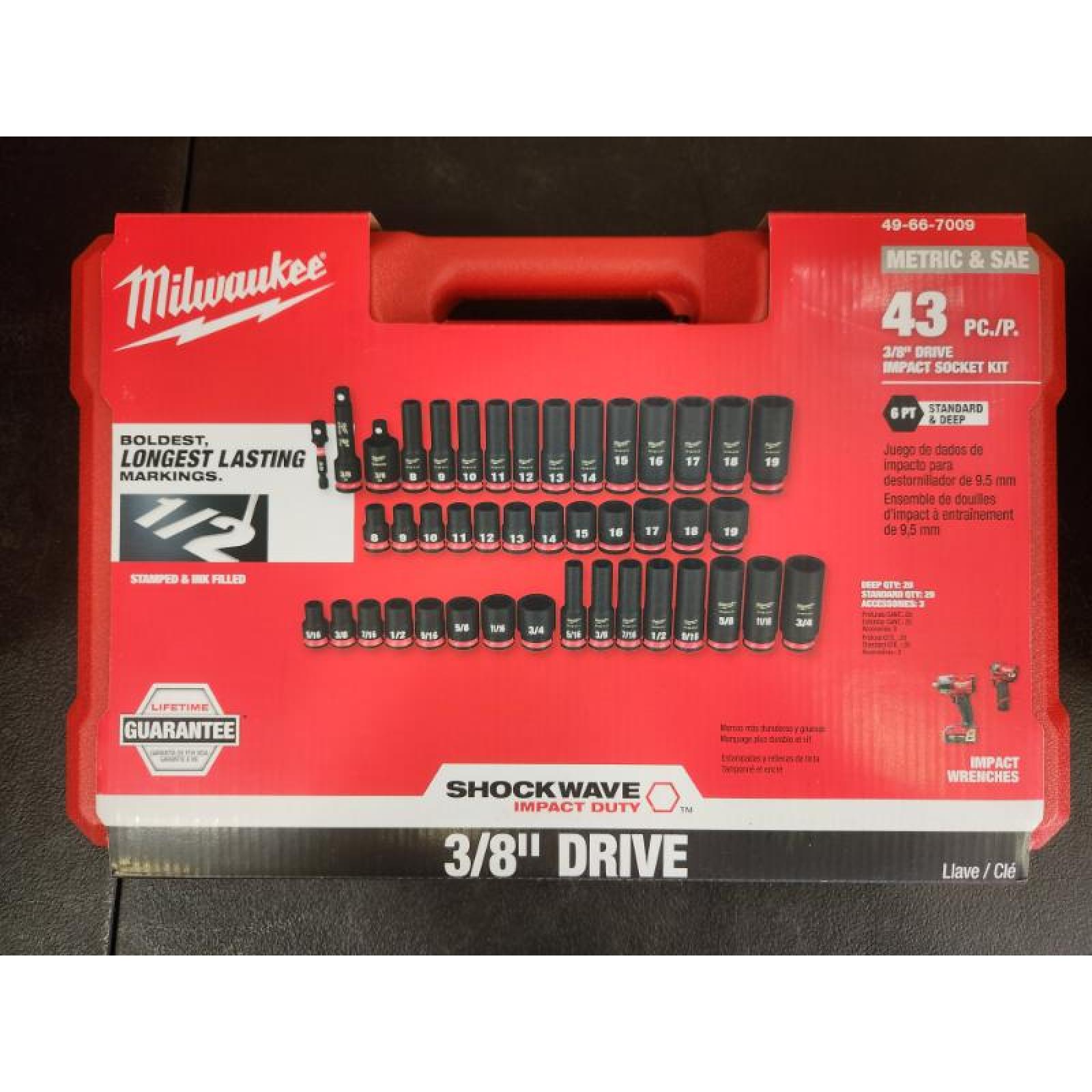Phoenix NEW Milwaukee SHOCKWAVE 3/8 in. Drive SAE and Metric 6 Point Impact Socket Set (43-Piece) (SEALED)
