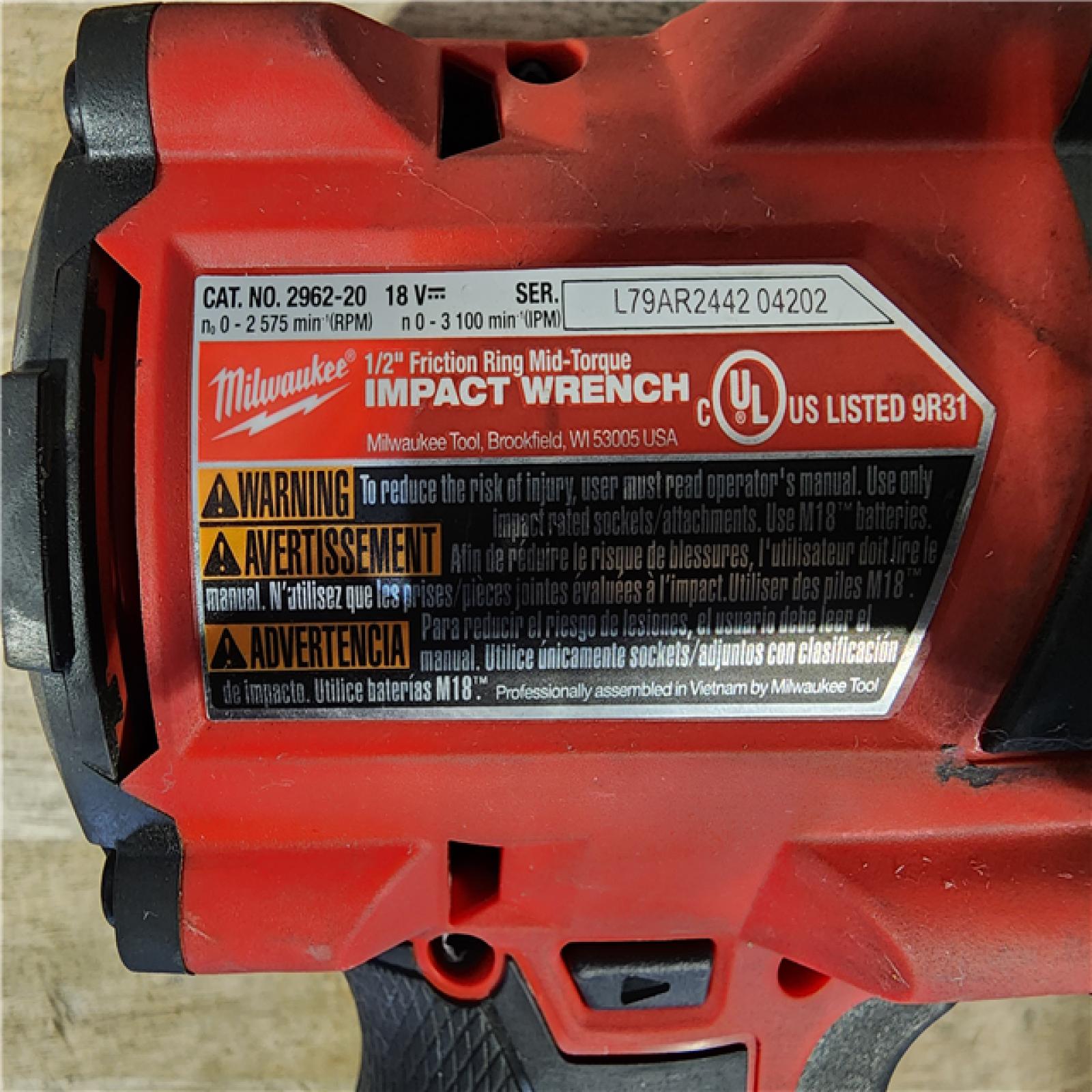 HOUSTON LOCATION - AS-IS Milwaukee M18 18V Fuel 1/2 Mid-Torque Impact Wrench Cordless Lithium-Ion Brushless (Tool-Only) with Friction Ring 2962-20