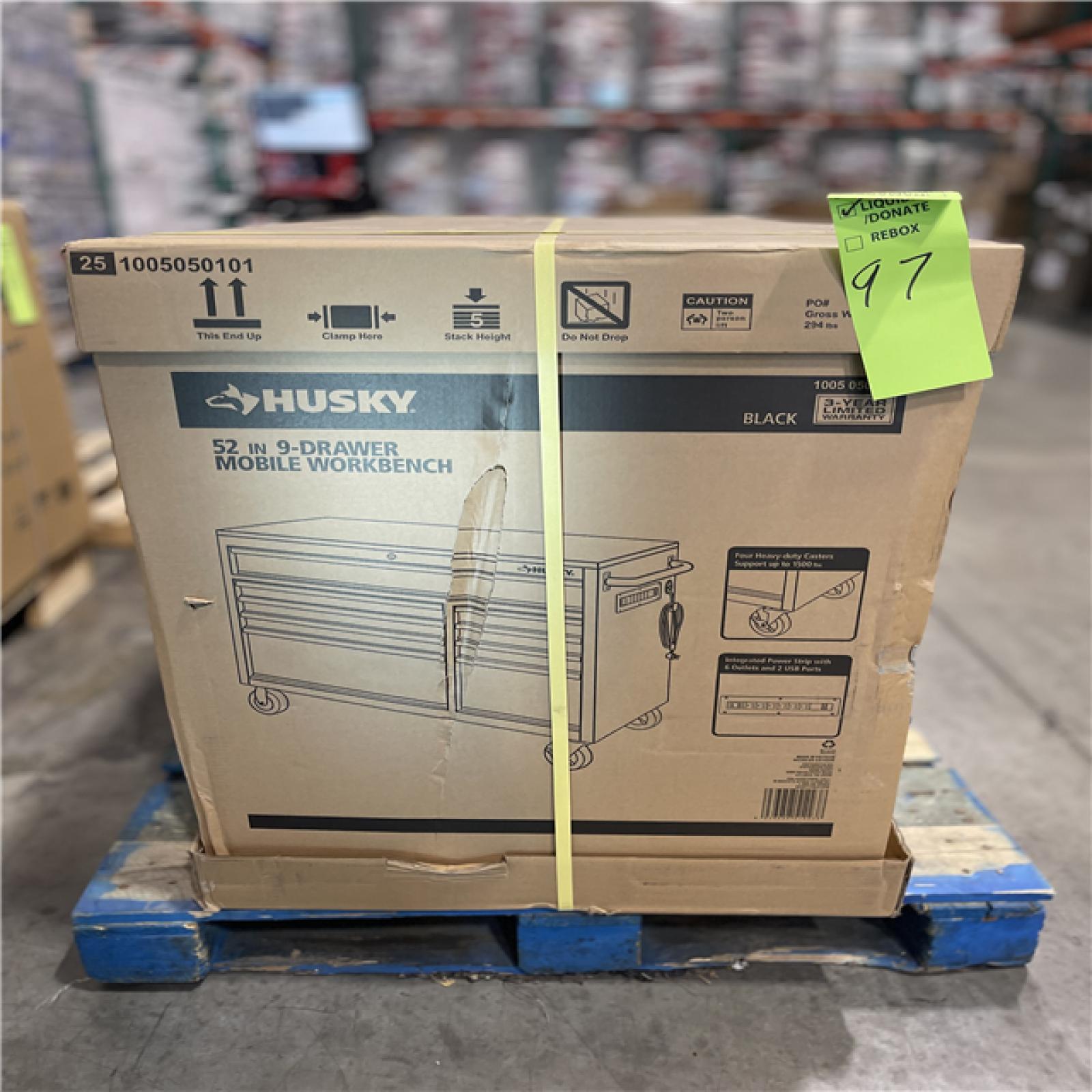 DALLAS LOCATION- Husky 52 in. W x 25 in. D Standard Duty 9-Drawer Mobile Workbench Tool Chest with Solid Wood Top in Gloss Black