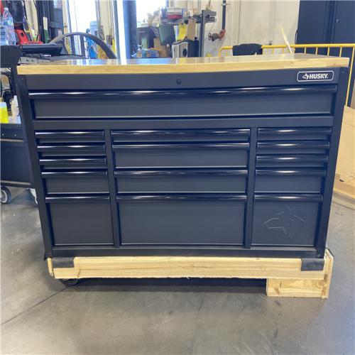 DALLAS LOCATION- Husky 61 in. W x 23 in. D Heavy Duty 15-Drawer Mobile Workbench Tool Chest with Solid Wood Top in Matte Black
