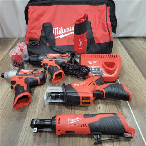 AS-IS MILWAUKEE M12 12V Lithium-Ion Cordless Combo Kit (5-Tool) with Two 1.5Ah Batteries, Charger & Tool Bag