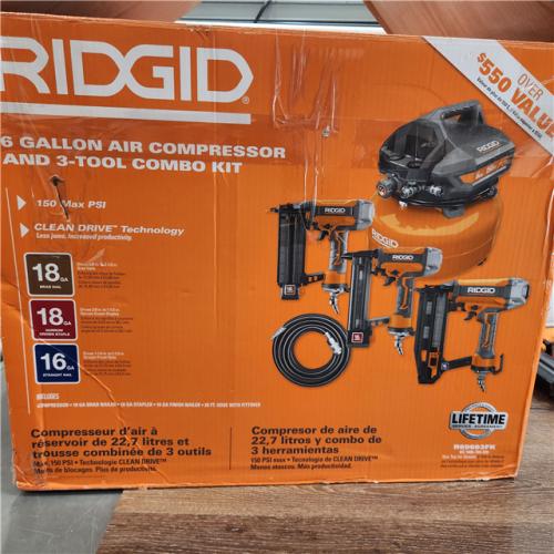 AS-IS RIDGID 6 Gal. Portable Electric Pancake Air Compressor W/ 18GA Brad Nailer, 16GA Straight Finish Nailer, & 18GA Finish Stapler