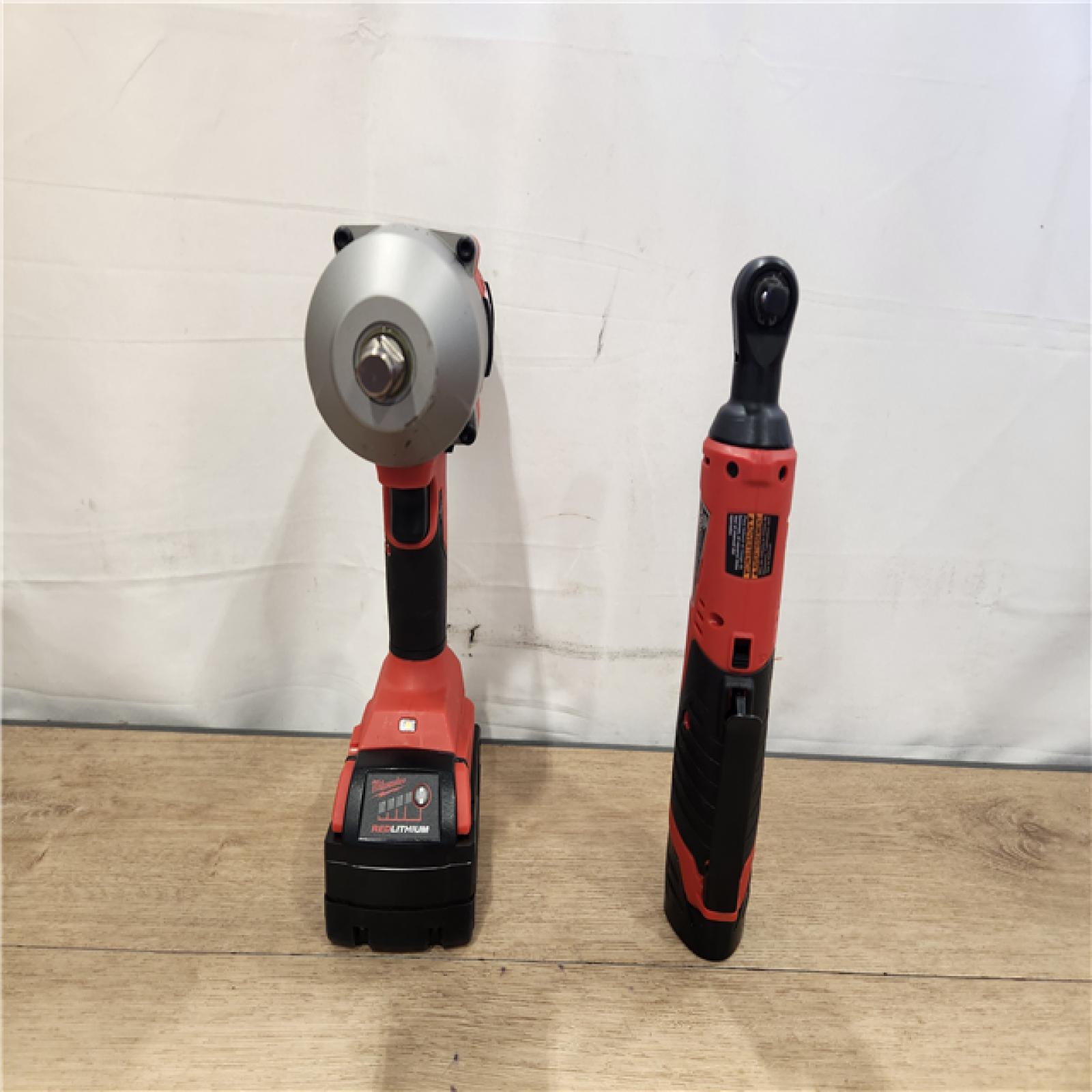 AS-IS- Milwaukee 12/18V Lithium-Ion Cordless 3/8 in. Ratchet and 1/2 in. High Torque Impact Wrench with Friction Ring Combo Kit