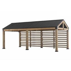 Phoenix LIKE NEW Sunjoy Newville 10.1 ft. x 21.6 ft. FSC Wood Carport with Privacy Wall and Rain Gutter, Cedar Pavilion with Steel Roof
