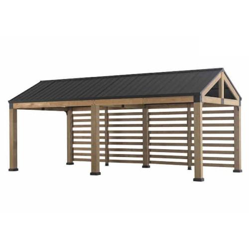 Phoenix LIKE NEW Sunjoy Newville 10.1 ft. x 21.6 ft. FSC Wood Carport with Privacy Wall and Rain Gutter, Cedar Pavilion with Steel Roof