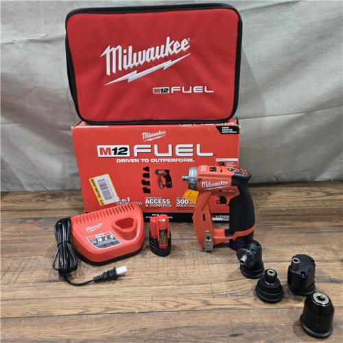 AS-IS Milwaukee M12 FUEL 12V Lithium-Ion Brushless Cordless 4-in-1 Installation 3/8 in. Drill Driver Kit with 4-Tool Heads