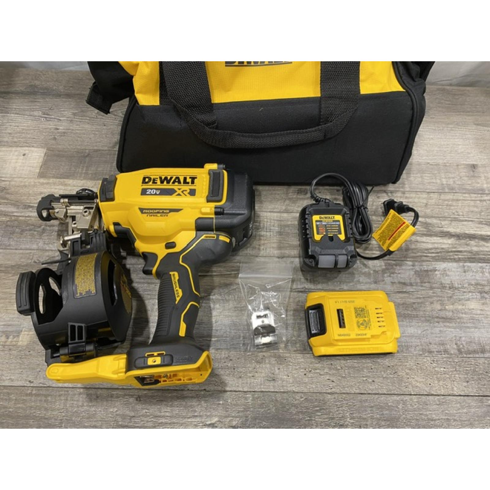 AS-IS DEWALT 20V MAX Lithium-Ion 15-Degree Electric Cordless Roofing Nailer Kit