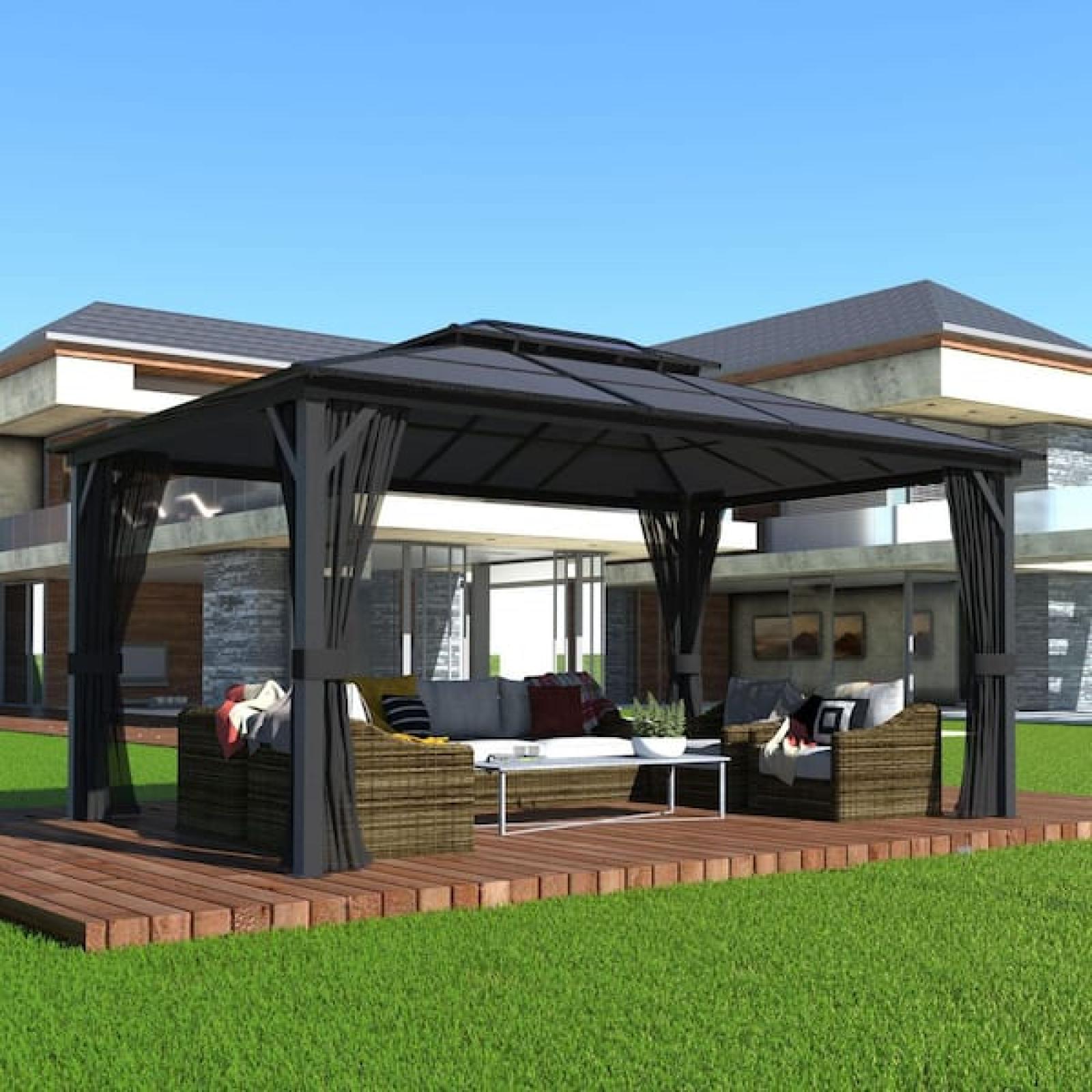 Phoenix NEW VEIKOUS 16 ft. W x 12 ft. D Aluminum Gazebo Polycarbonate Double Top Roof with Black Textilene Netting