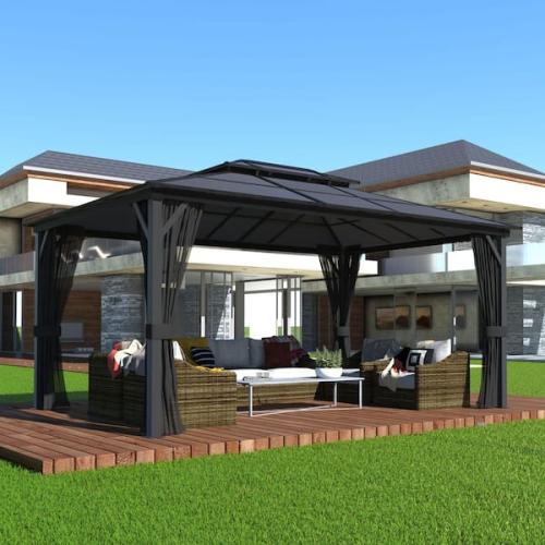 Phoenix NEW VEIKOUS 16 ft. W x 12 ft. D Aluminum Gazebo Polycarbonate Double Top Roof with Black Textilene Netting
