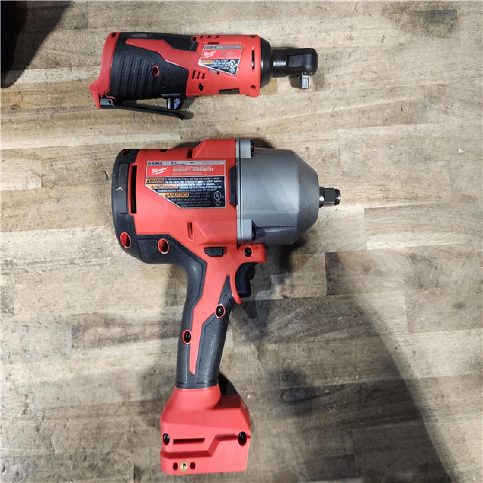 HOUSTON LOCATION - AS-IS Milwaukee 12/18V Lithium-Ion Cordless 3/8 in. Ratchet and 1/2 in. High Torque Impact Wrench with Friction Ring Combo Kit