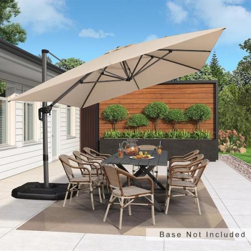 Phoenix NEW PURPLE LEAF 10 ft. x 13 ft. Aluminum UV-Resistant Outdoor Cantilever Offset 360° Rotation Patio Umbrella in Beige with Base
