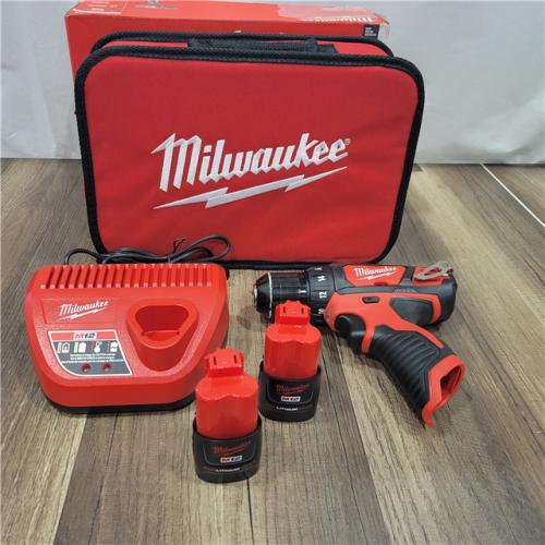 AS-IS MILWAUKEE M12 12V Lithium-Ion Cordless 3/8 in. Drill/Driver Kit with Two 1.5 Ah Batteries, Charger and Tool Bag