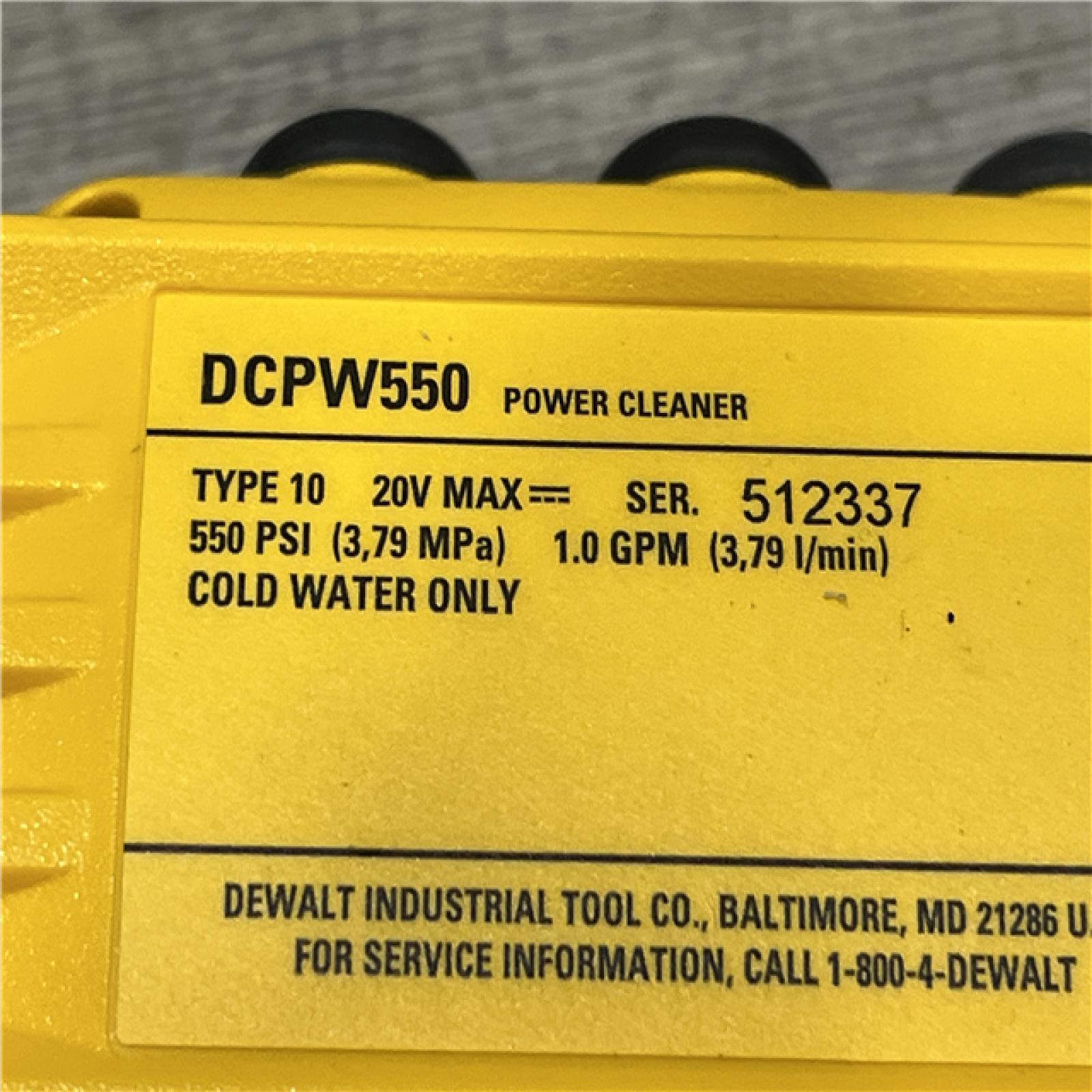 AS-IS DEWALT 20V MAX 550 PSI 1.0 GPM Cold Water Cordless Power Cleaner with 4-Nozzles (Tool Only)