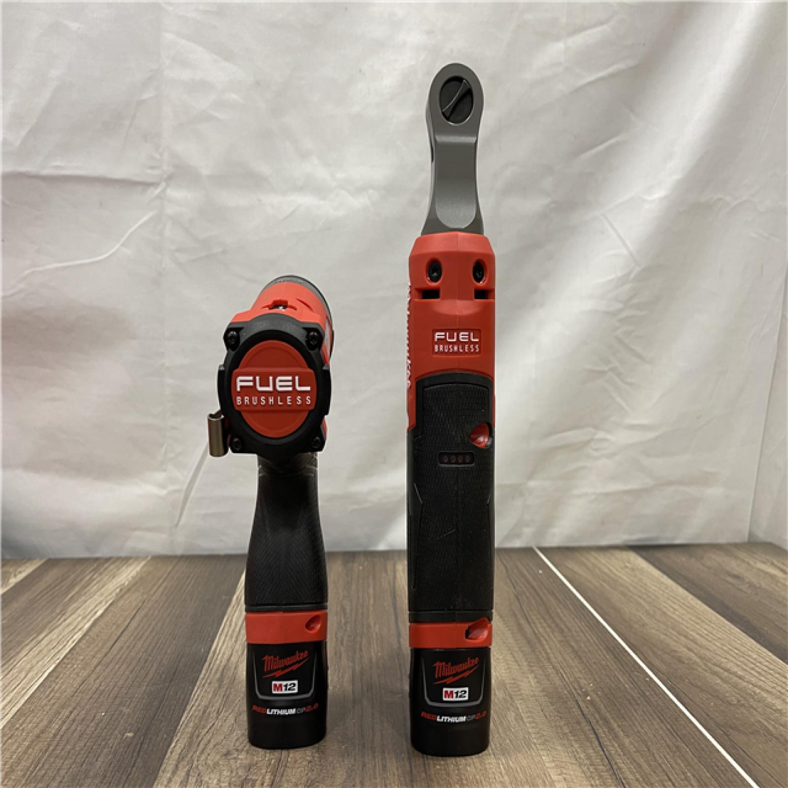 AS-IS Milwaukee M12 FUEL 12V Lithium-Ion Cordless 3/8 in. Ratchet and 1/4 in. Impact Driver Kit