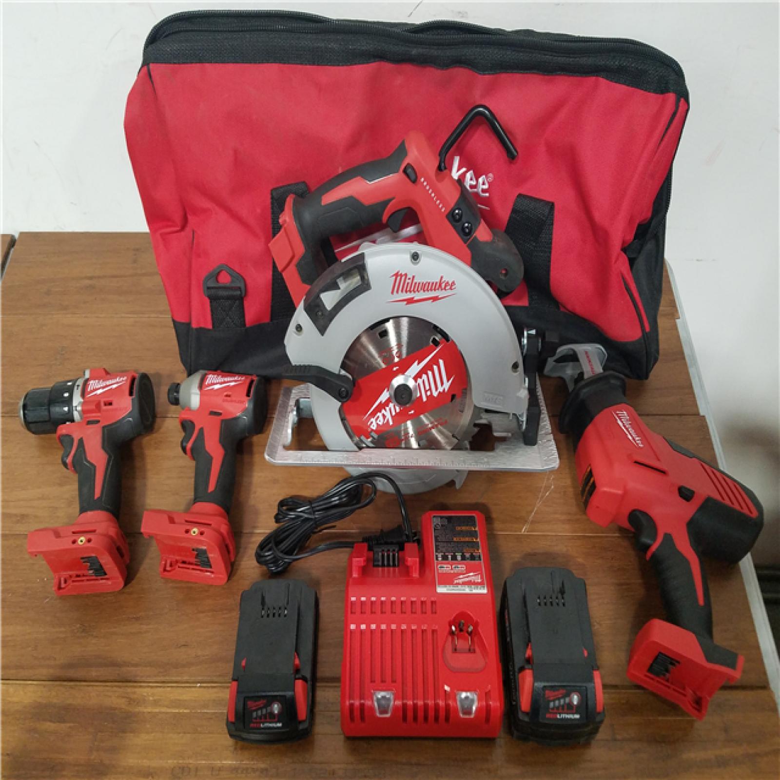 California AS-IS Milwaukee M18 4-Tool Combo Kit  Includes (2) Batteries  Charger and Bag; Appears in Like New Condition
