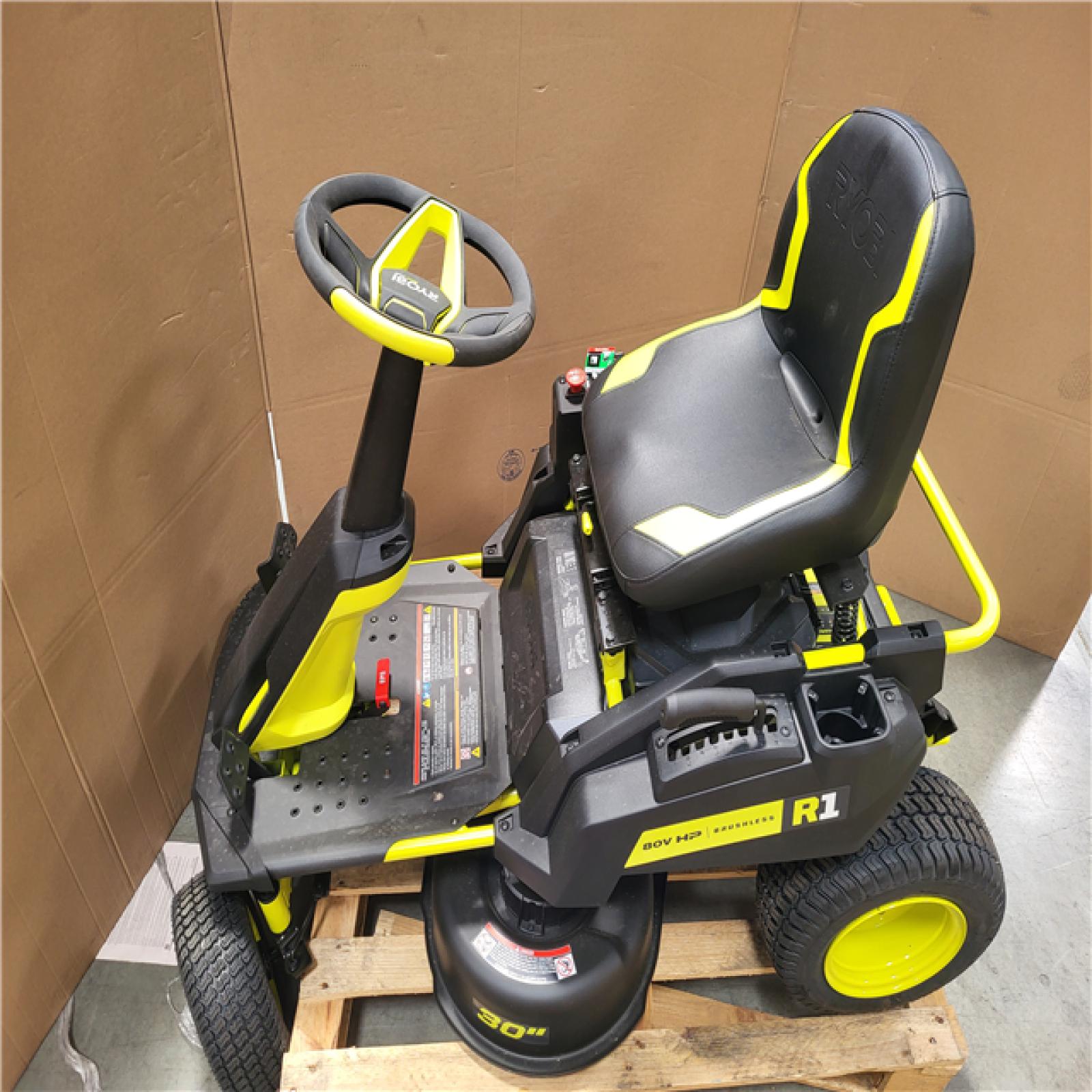 CALIFORNIA AS-IS RYOBI R1 80 HP BRUSHLESS LITHIUM BATTERY CORLESS ELETRIC 30 IN. RIDING LAWN MOWER W/ CHARGER