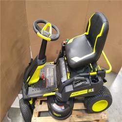 CALIFORNIA AS-IS RYOBI R1 80 HP BRUSHLESS LITHIUM BATTERY CORLESS ELETRIC 30 IN. RIDING LAWN MOWER W/ CHARGER