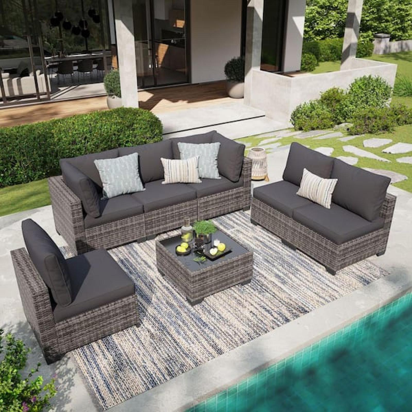 Phoenix LIKE NEW JUSKYS GUKOO Gray Wicker 7-Piece Metal Frame Sofa Seating Group with Gray Cushion