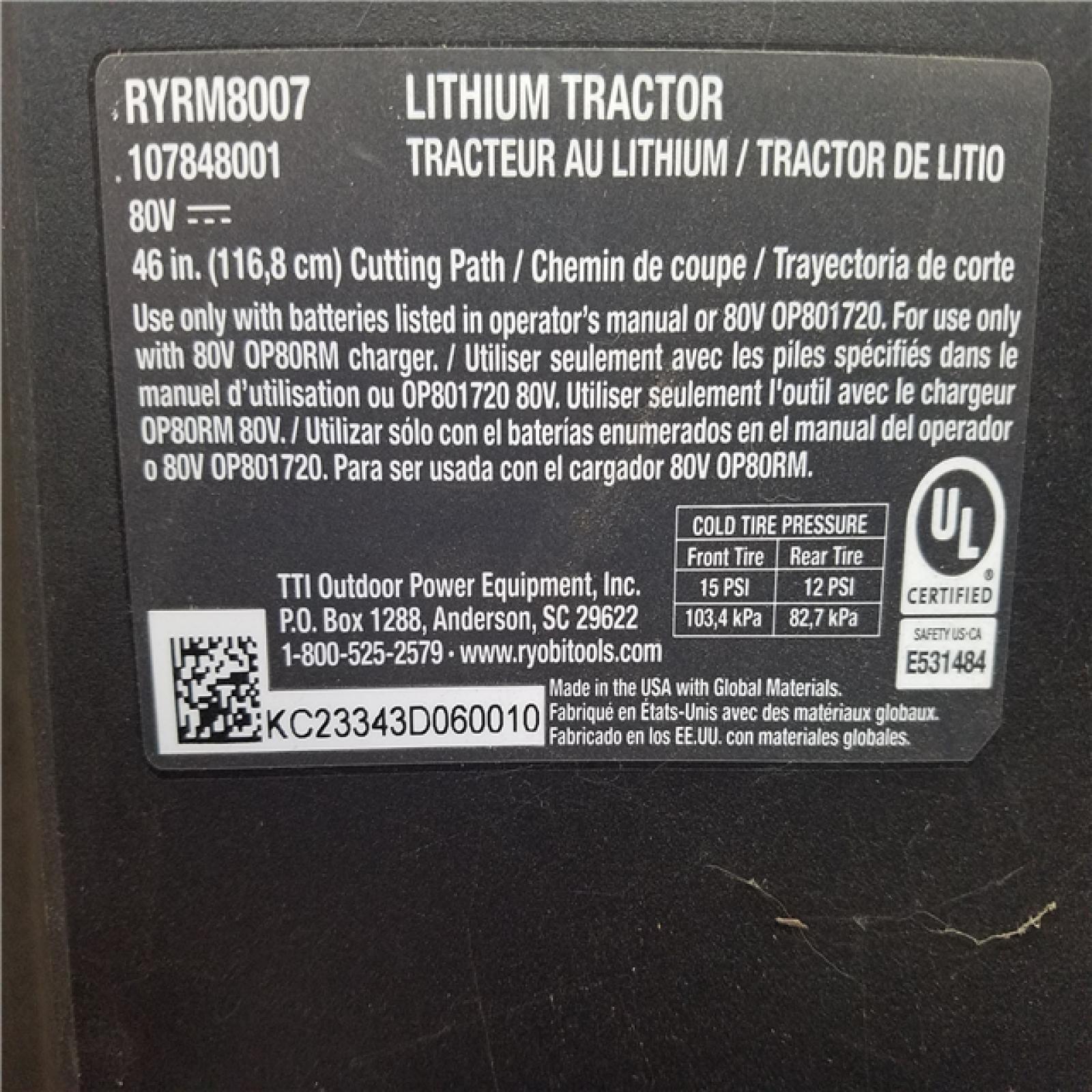 CALIFORNIA AS-IS RYOBI 80V 46BATTERY LAWN TRACTOR