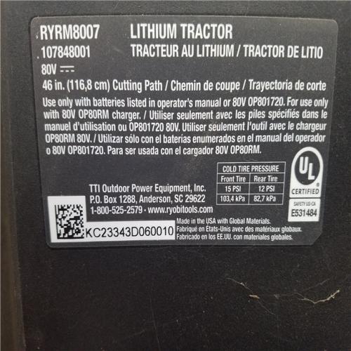 CALIFORNIA AS-IS RYOBI 80V 46BATTERY LAWN TRACTOR