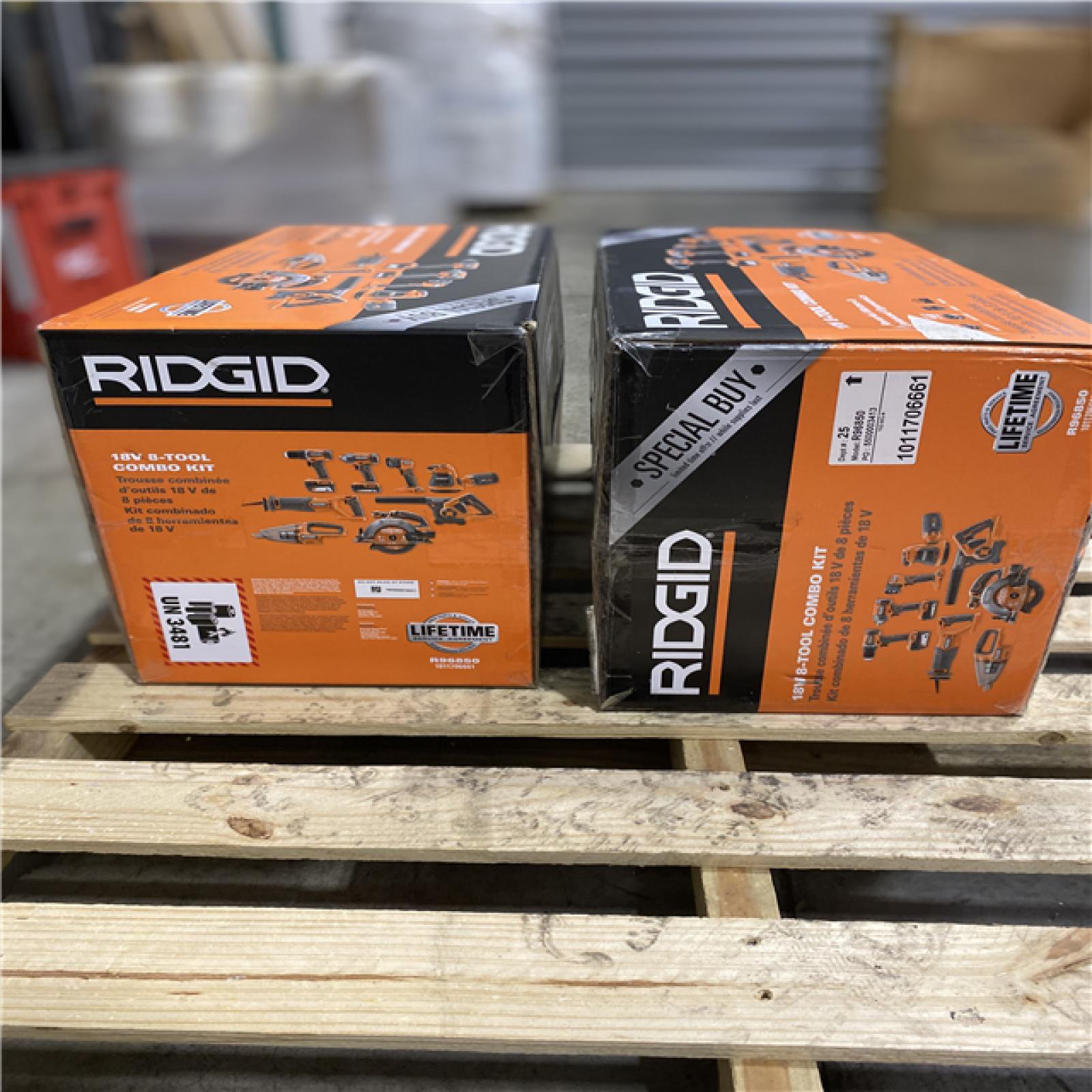 Dallas Location - NEW- 	RIDGID 18V Cordless 8-Tool CLombo Kit with 2.0 Ah Battery  4.0 Ah Battery  Charger  and Tool Bag(Lot Of 2)