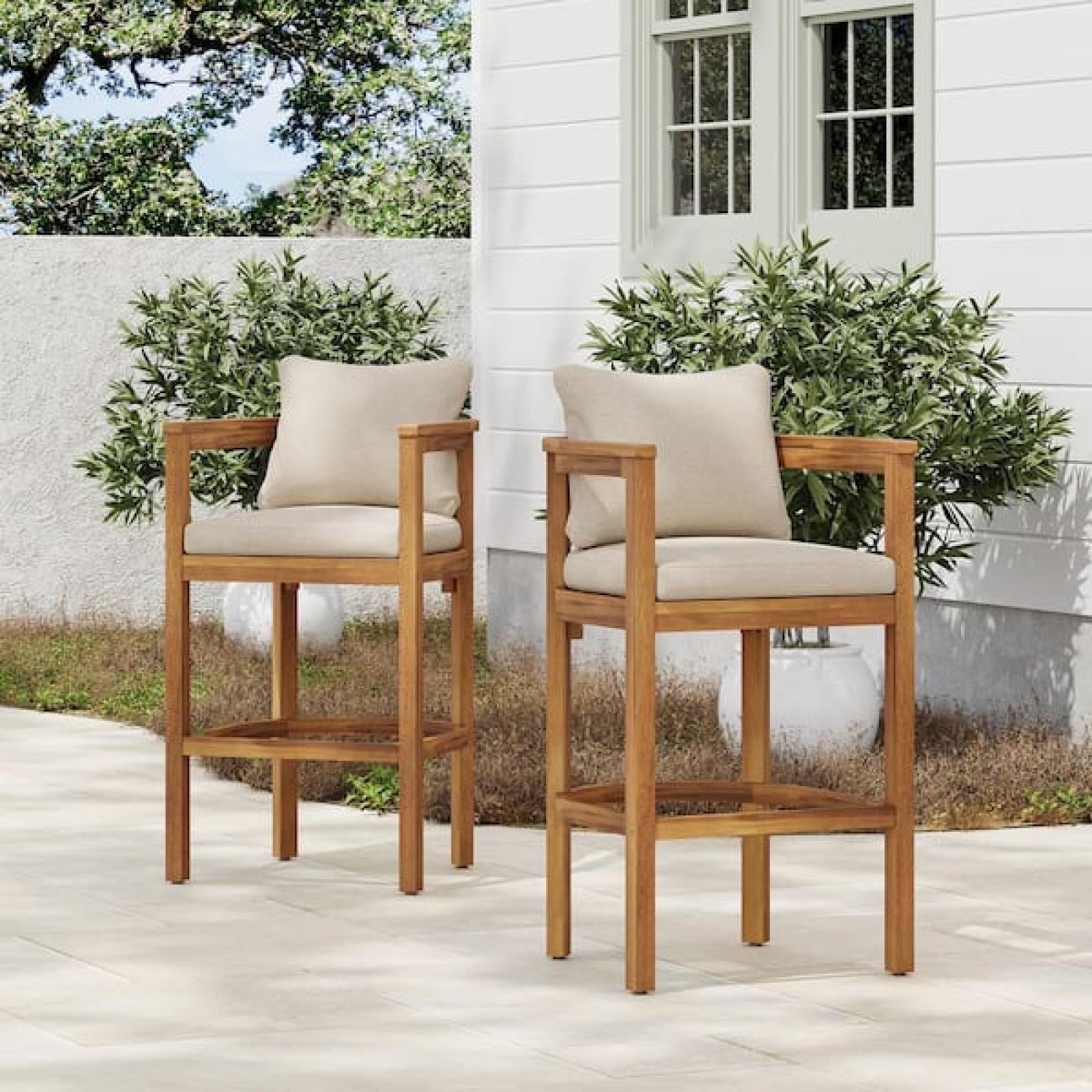 Phoenix NEW Harper & Bright Designs Teak Wood Outdoor Bar Stools with Beige Cushions, Crossbars (2-Pack)
