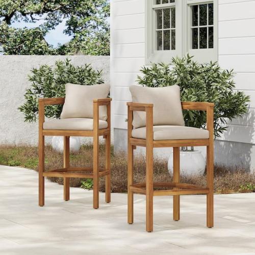 Phoenix NEW Harper & Bright Designs Teak Wood Outdoor Bar Stools with Beige Cushions, Crossbars (2-Pack)